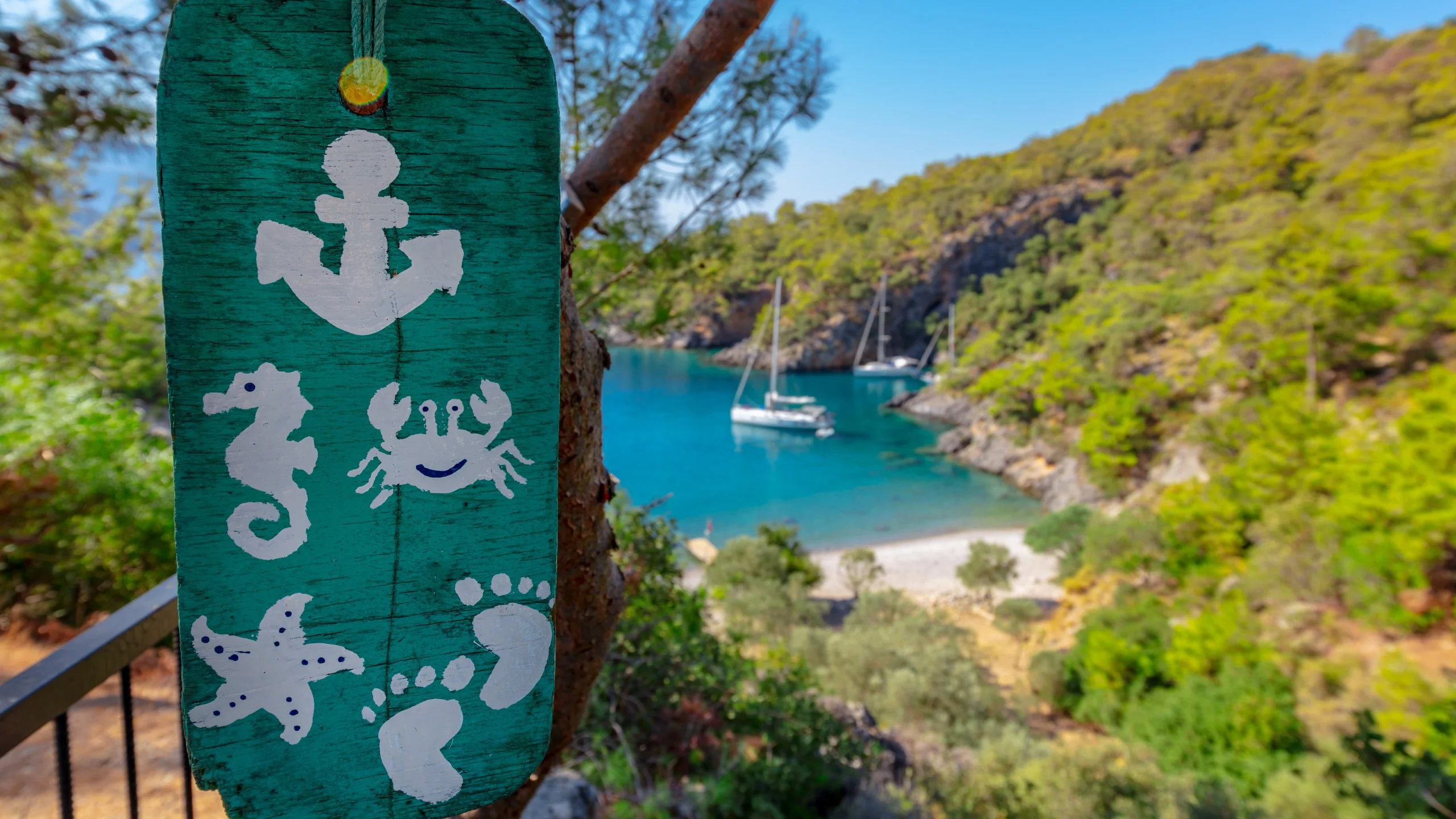 Decorative sign with nautical symbols overlooking a scenic bay with sailboats.